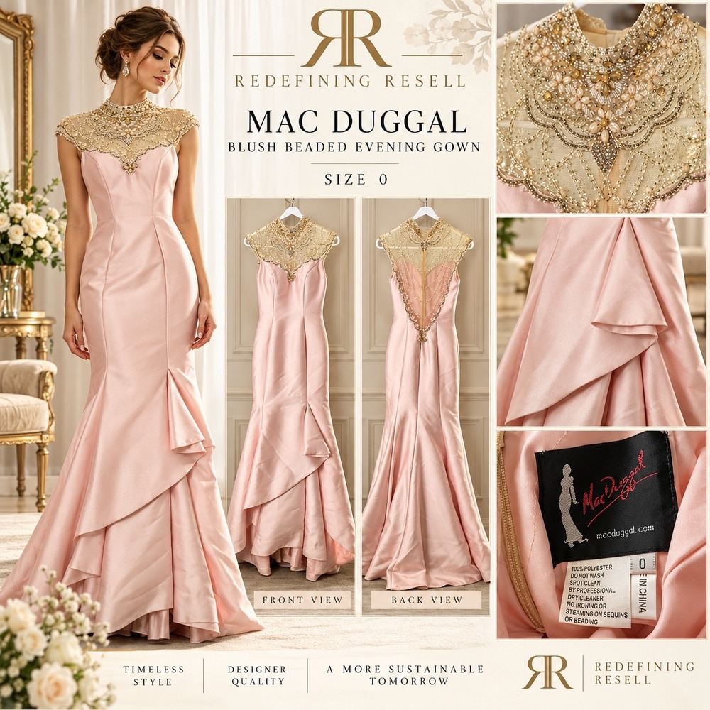 Mac Duggal Blush Pink Beaded Illusion Neck Mermaid Evening Gown Size 0